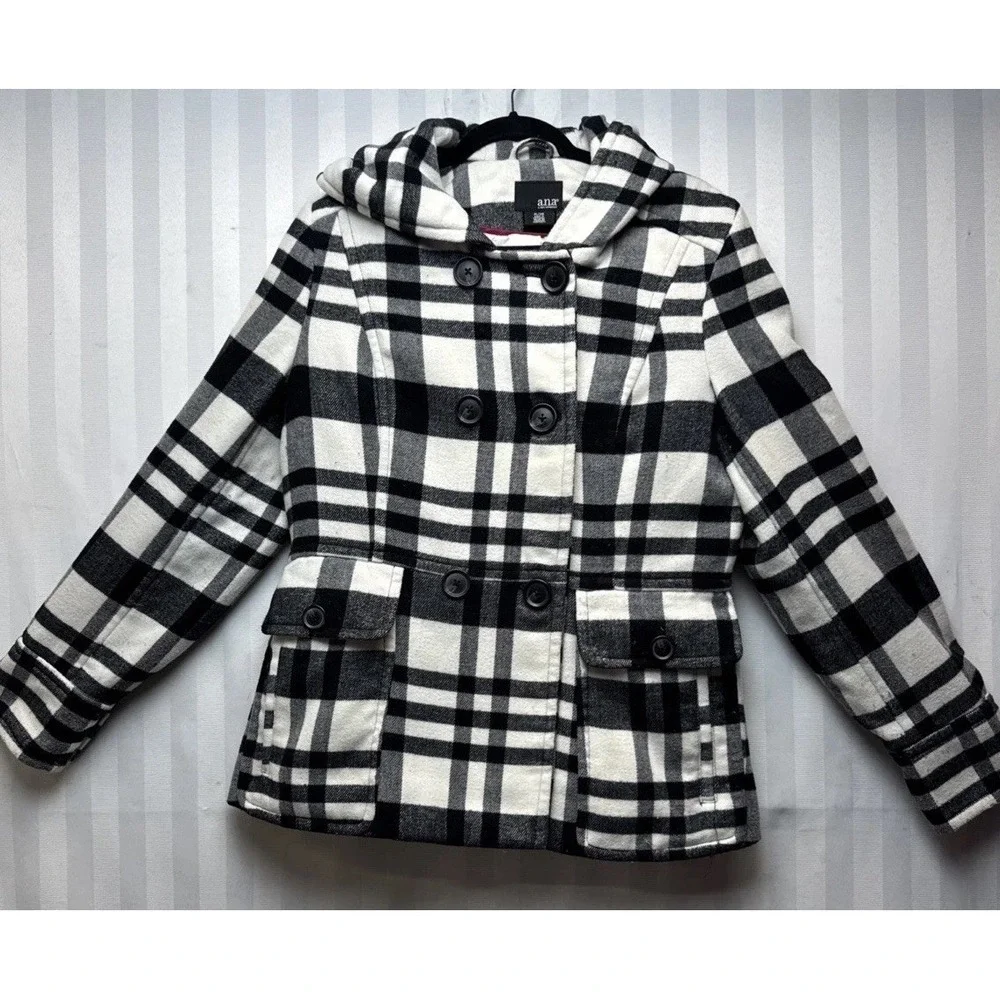A.N.A Women's XL Large Black White Plaid Peacoat Hooded Pockets Outdoors Winger